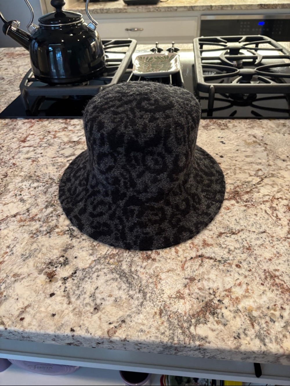 Anthropologie Black and Gray Leopard-Print Bucket Hat